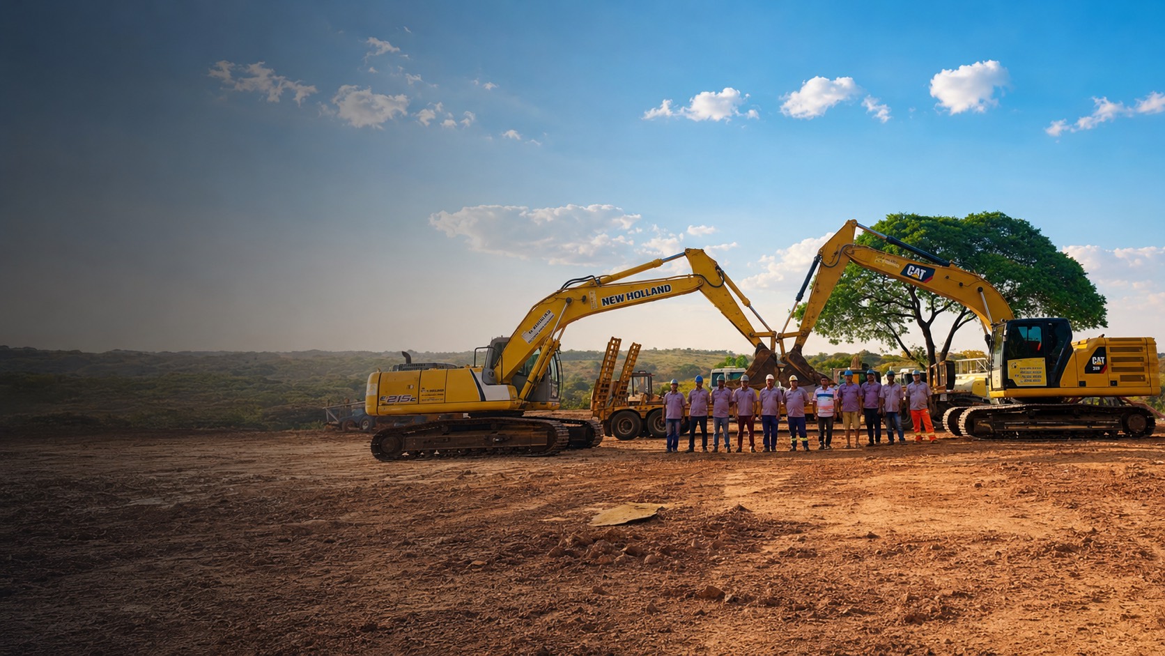 Equipe da V. Giraldes Terraplenagem reunida entre escavadeiras em obra